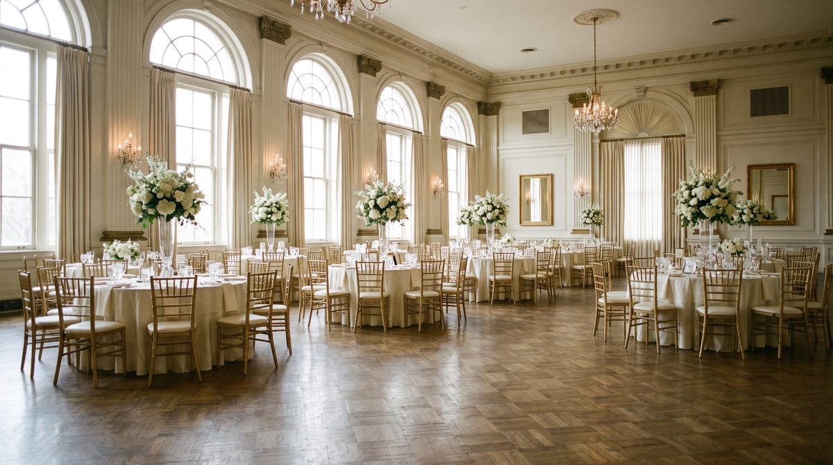 Grand ballroom with round tables set for a wedding dinner