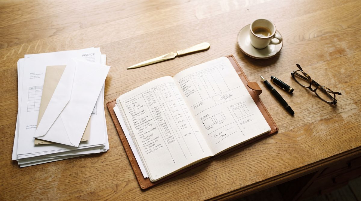 Planner's desk with a handwritten ledger, invoices and fountain pen