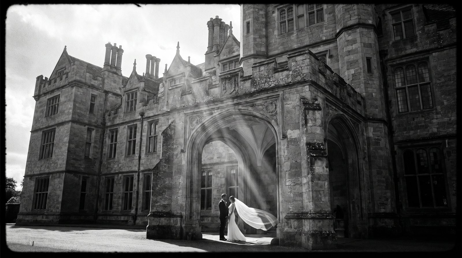 Bride and groom beneath a grand stone archway
