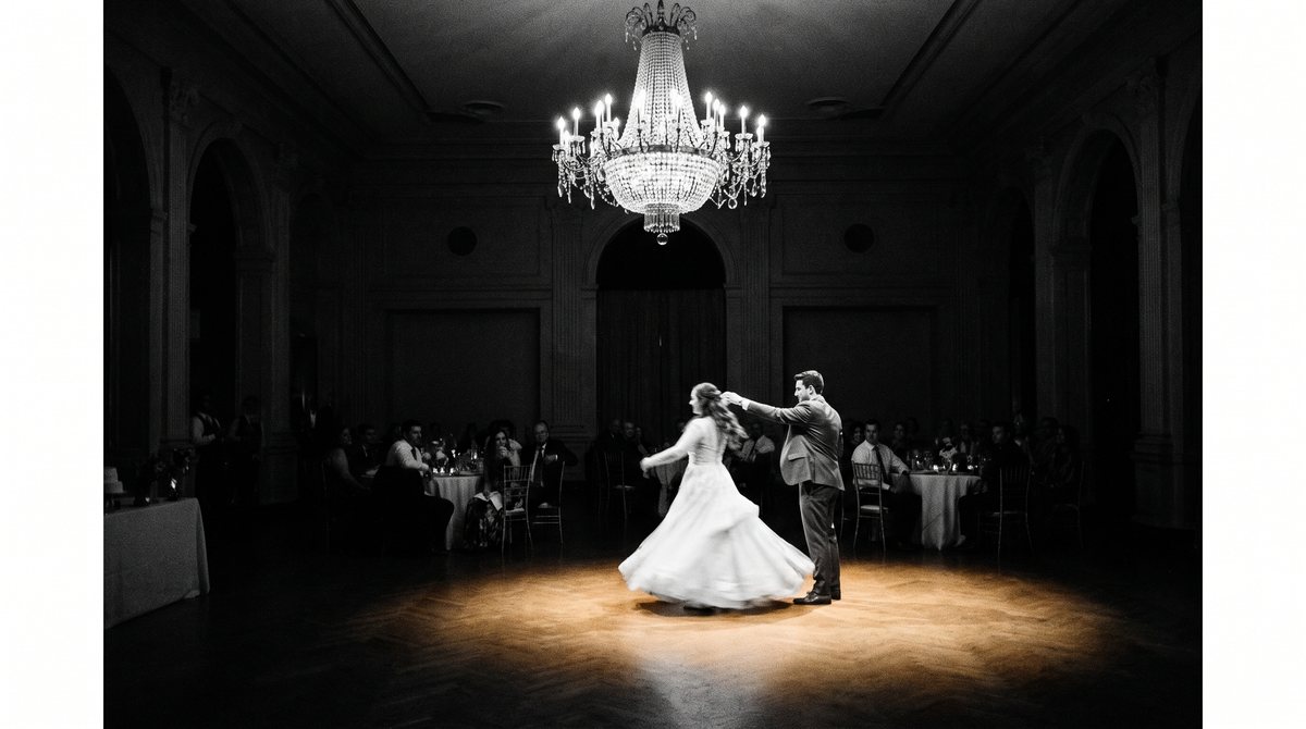 First dance beneath a chandelier