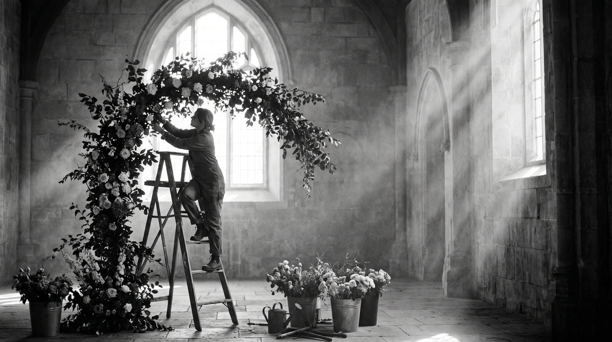 Florist installing an arch in a grand hall