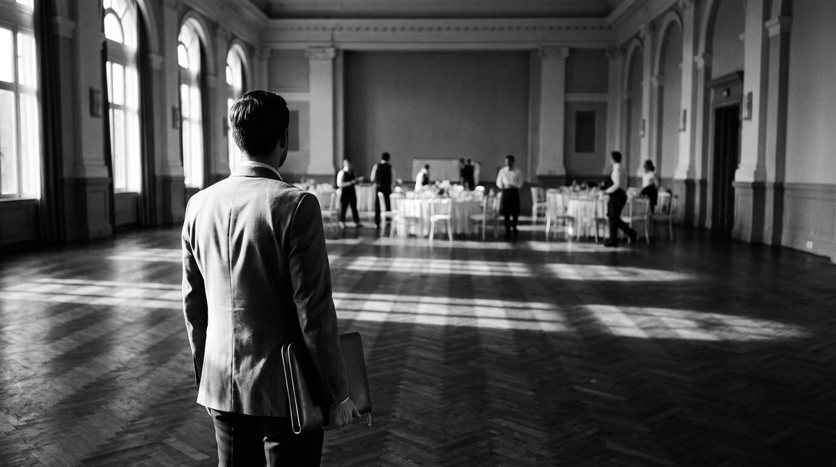 Planner directing setup in a grand ballroom