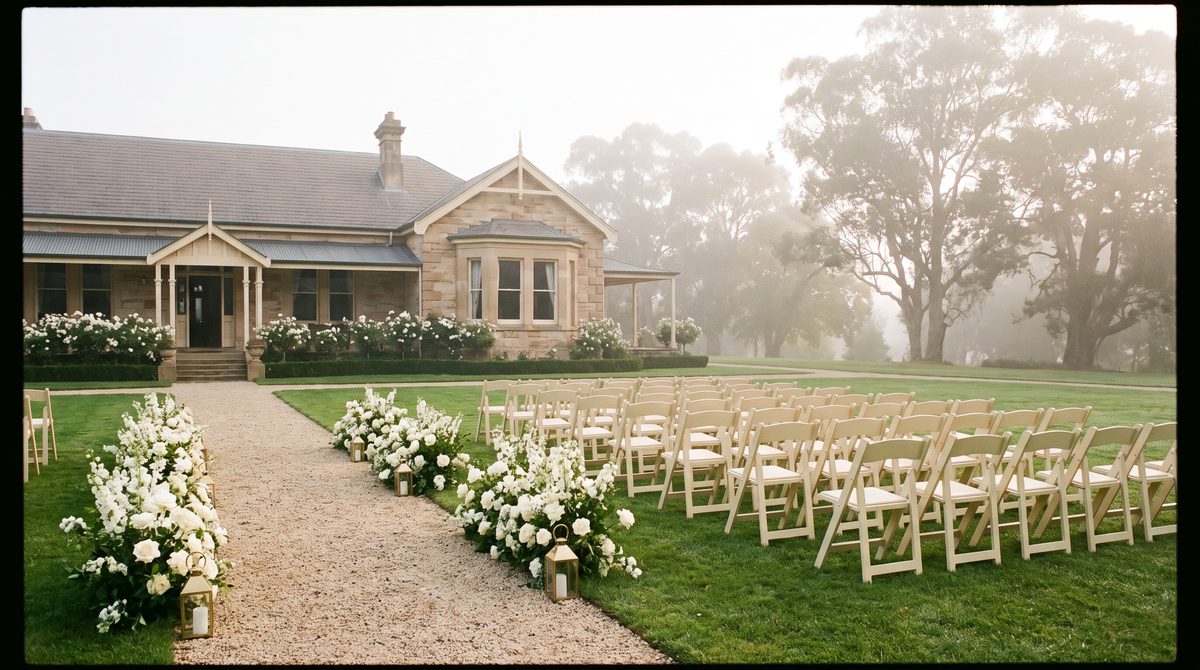 Heritage estate lawn set for a wedding ceremony in morning mist
