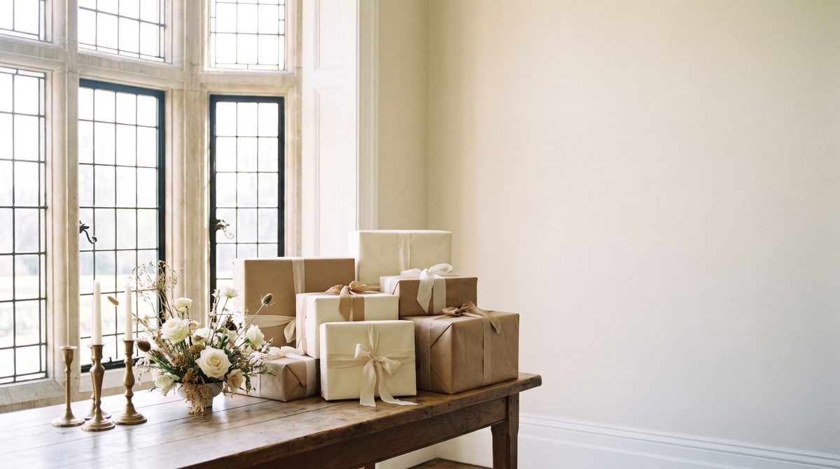 Wedding gift table with presents wrapped in cream and kraft paper