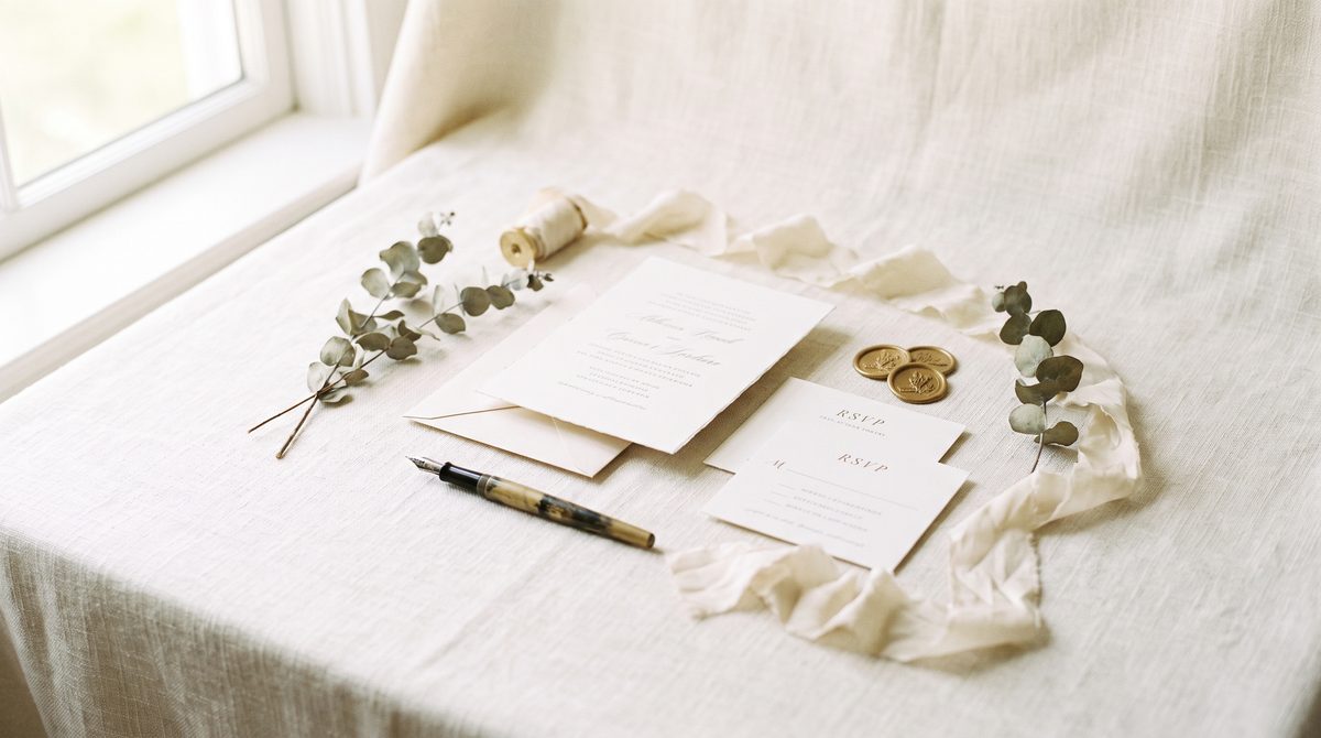 Wedding invitation suite with RSVP cards, wax seals and ribbon