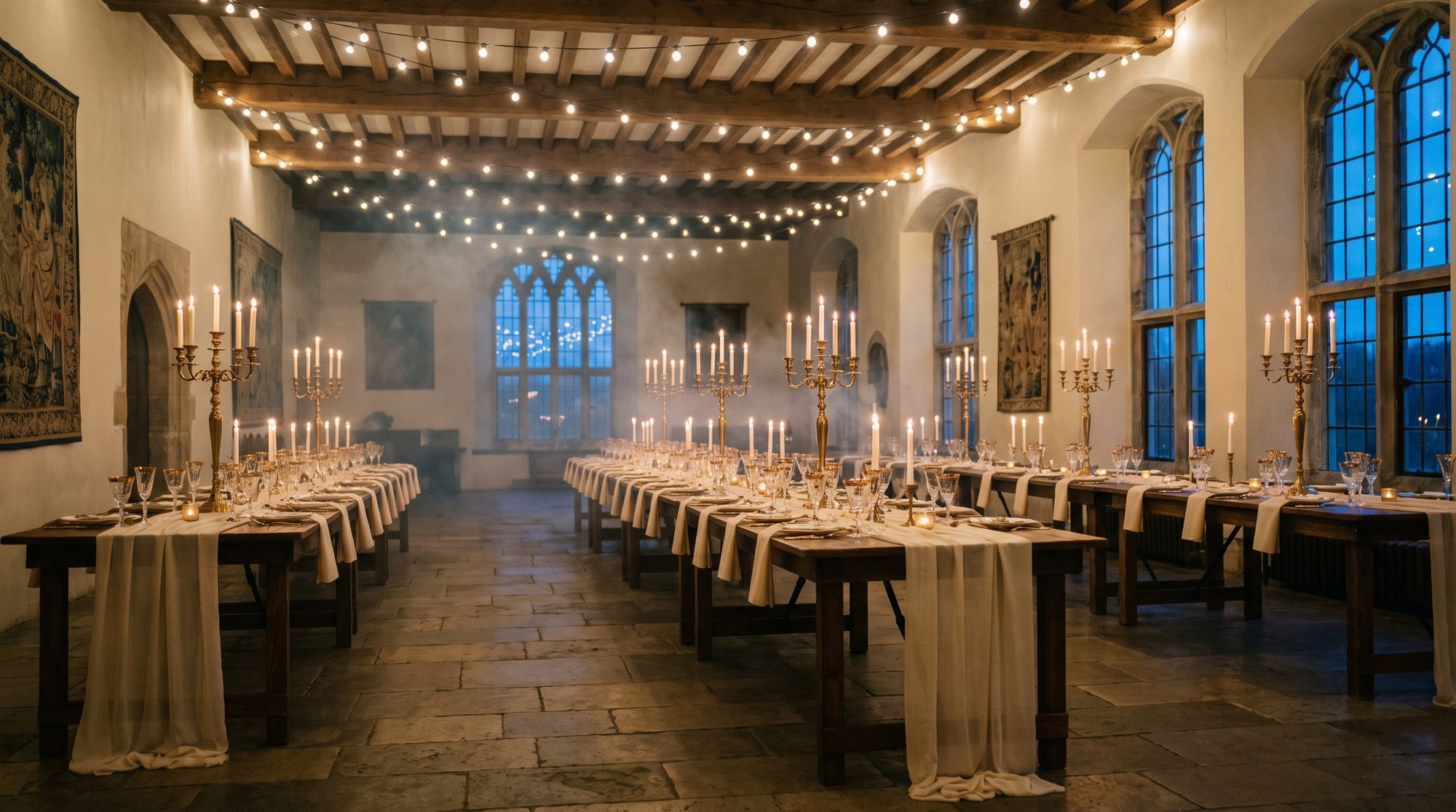 Estate hall at dusk lit by candelabras and string lights