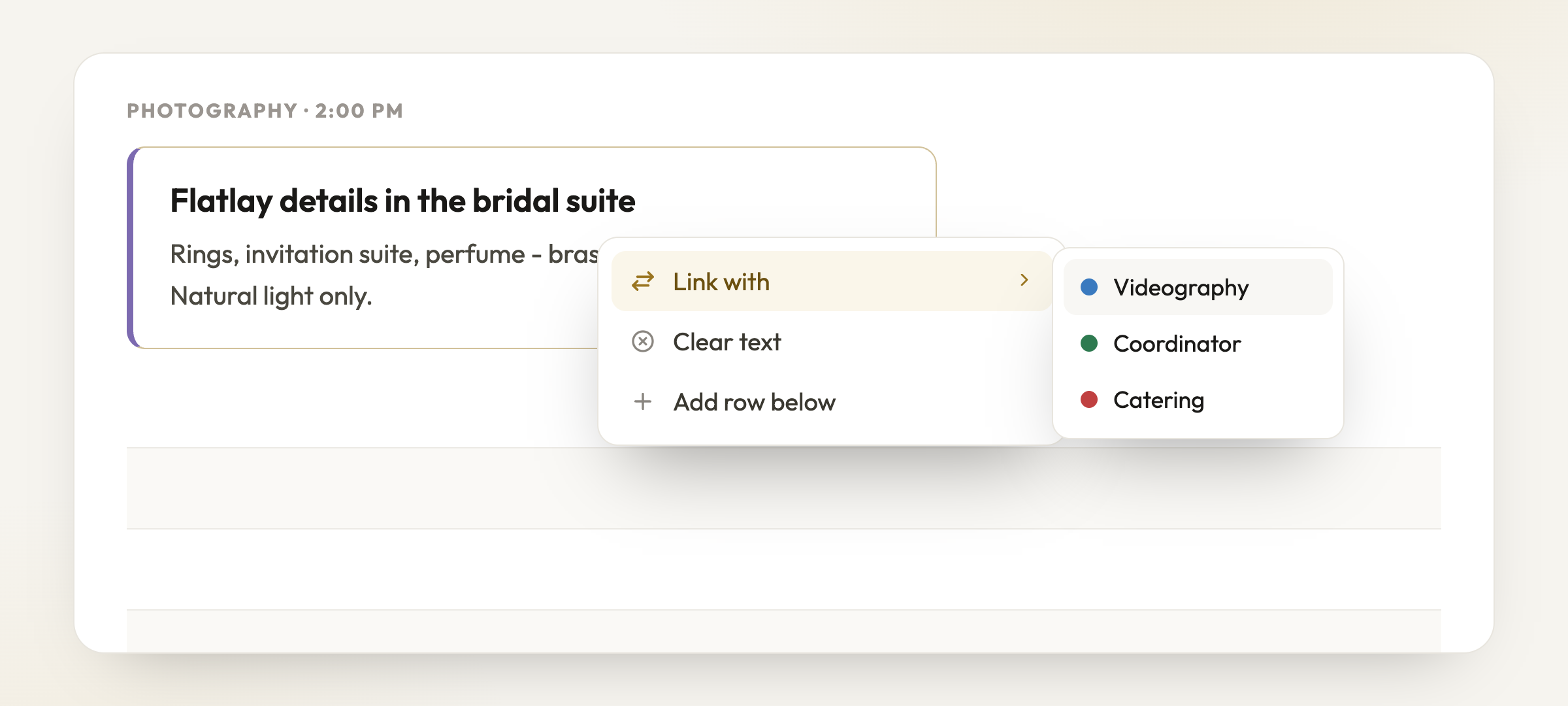Link a cell to other vendor columns from the right-click menu