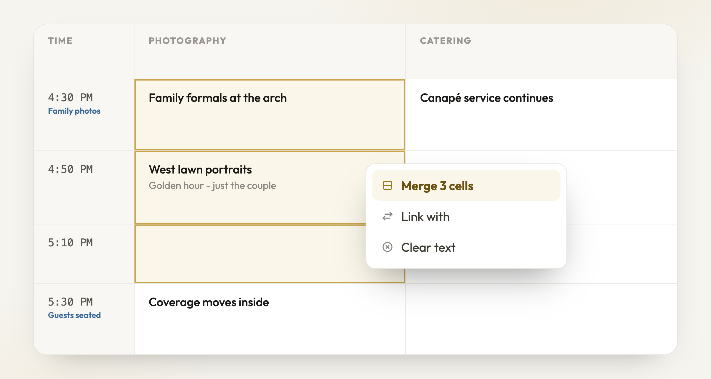 Shift-click or drag down a column to select the rows to merge