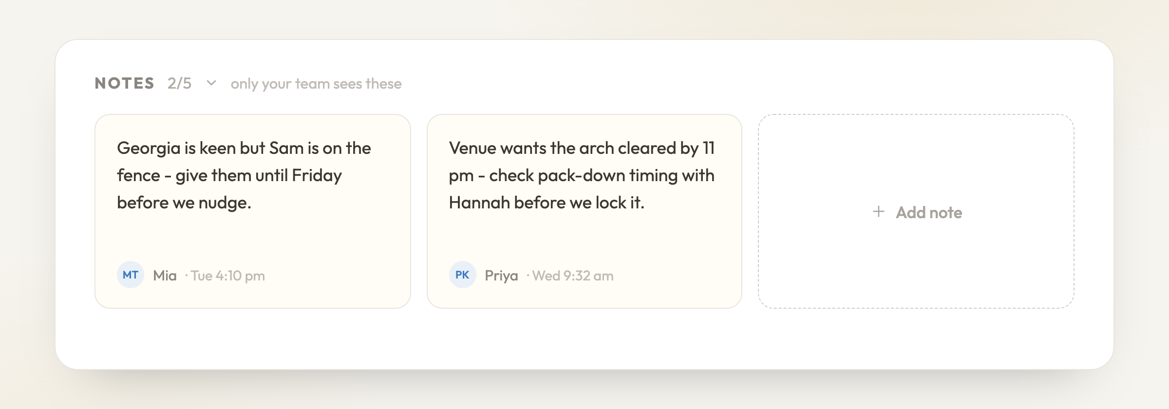 Agenda notes stay with your team - never the couple or vendors