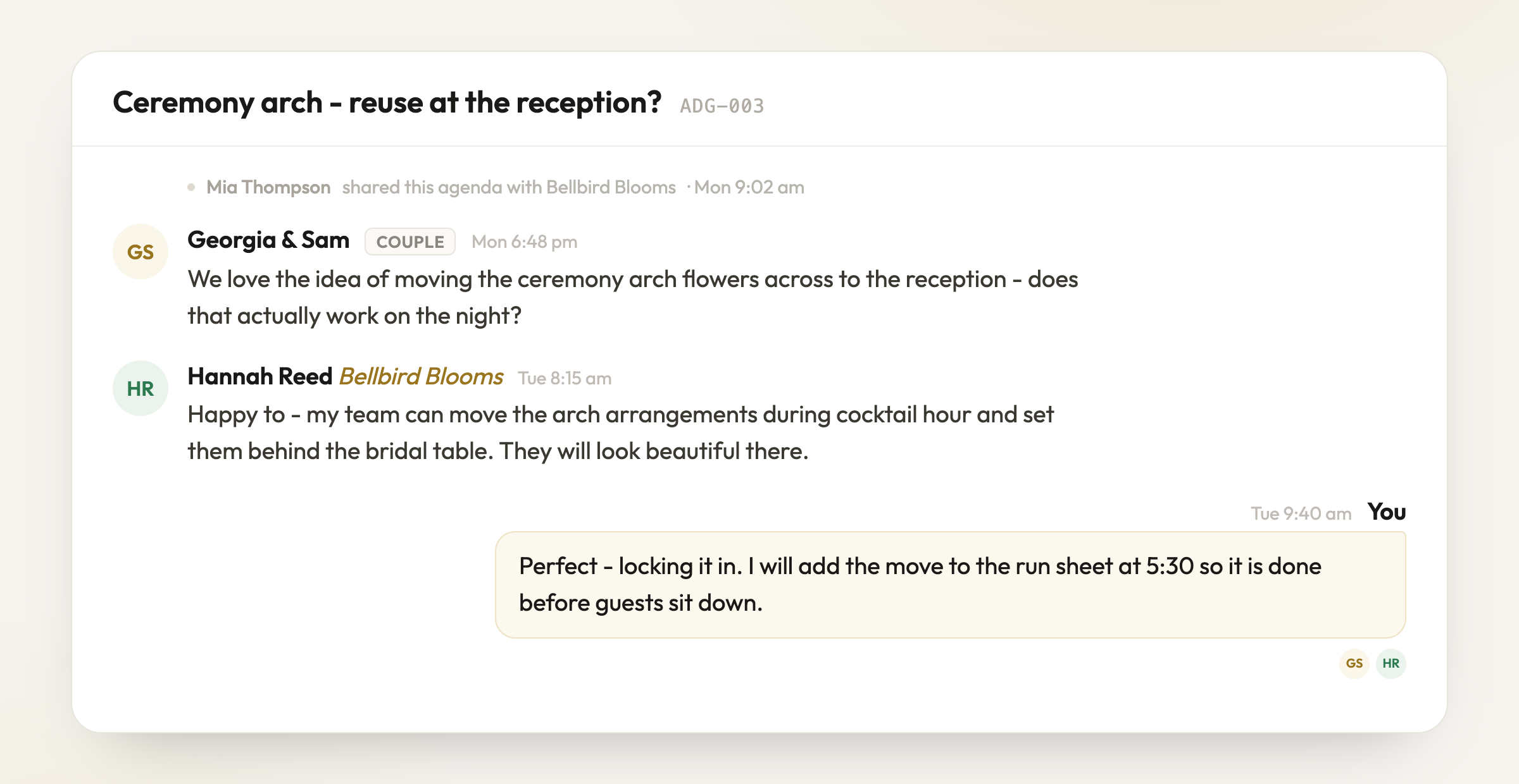 One thread - you, the couple and the vendor, talking it through