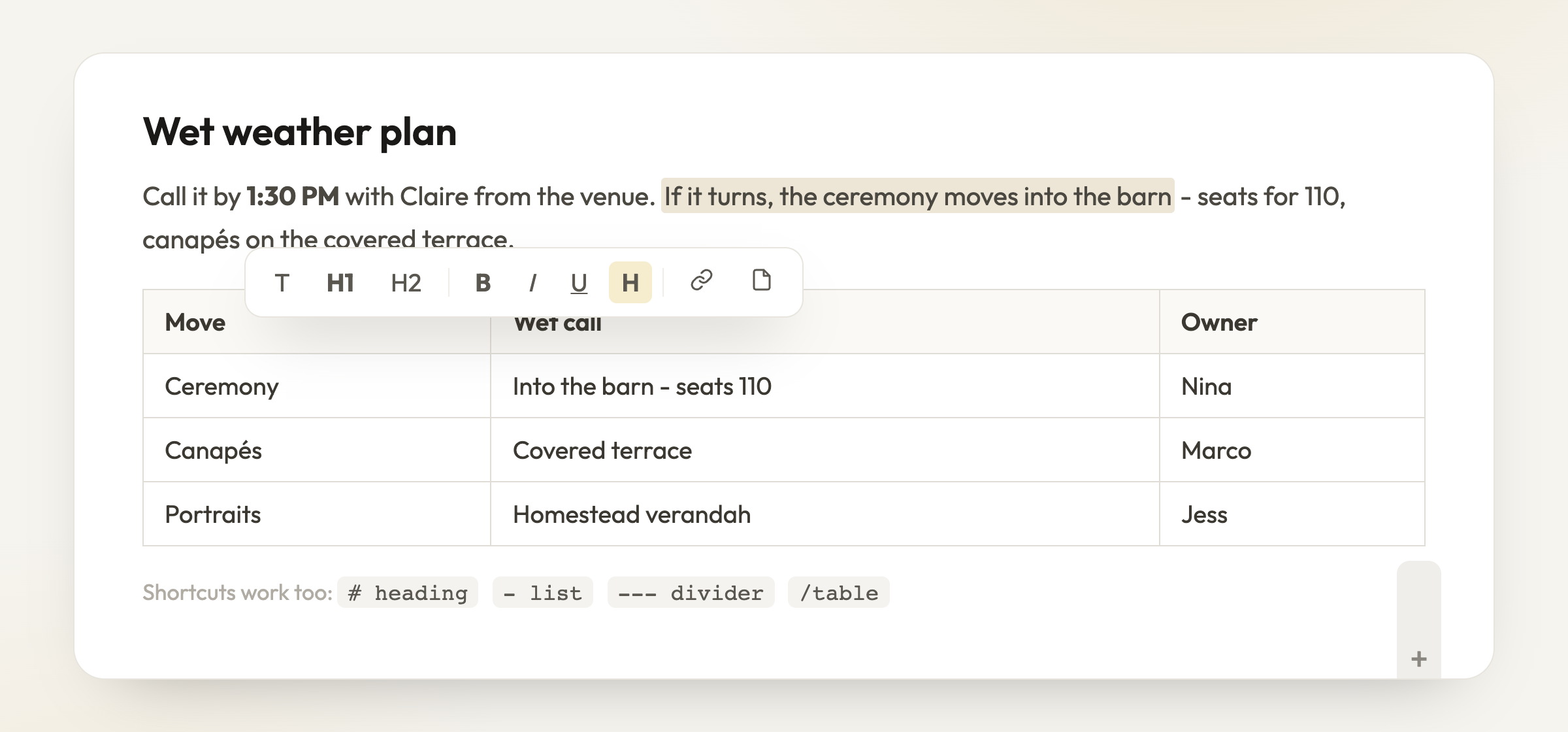 Select text for formatting, headings and tables - or turn a selection into its own page