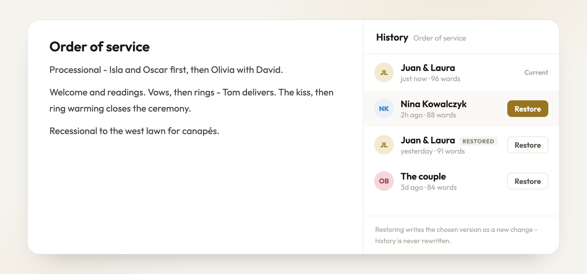 Every page keeps its history - see who changed what, and restore any version
