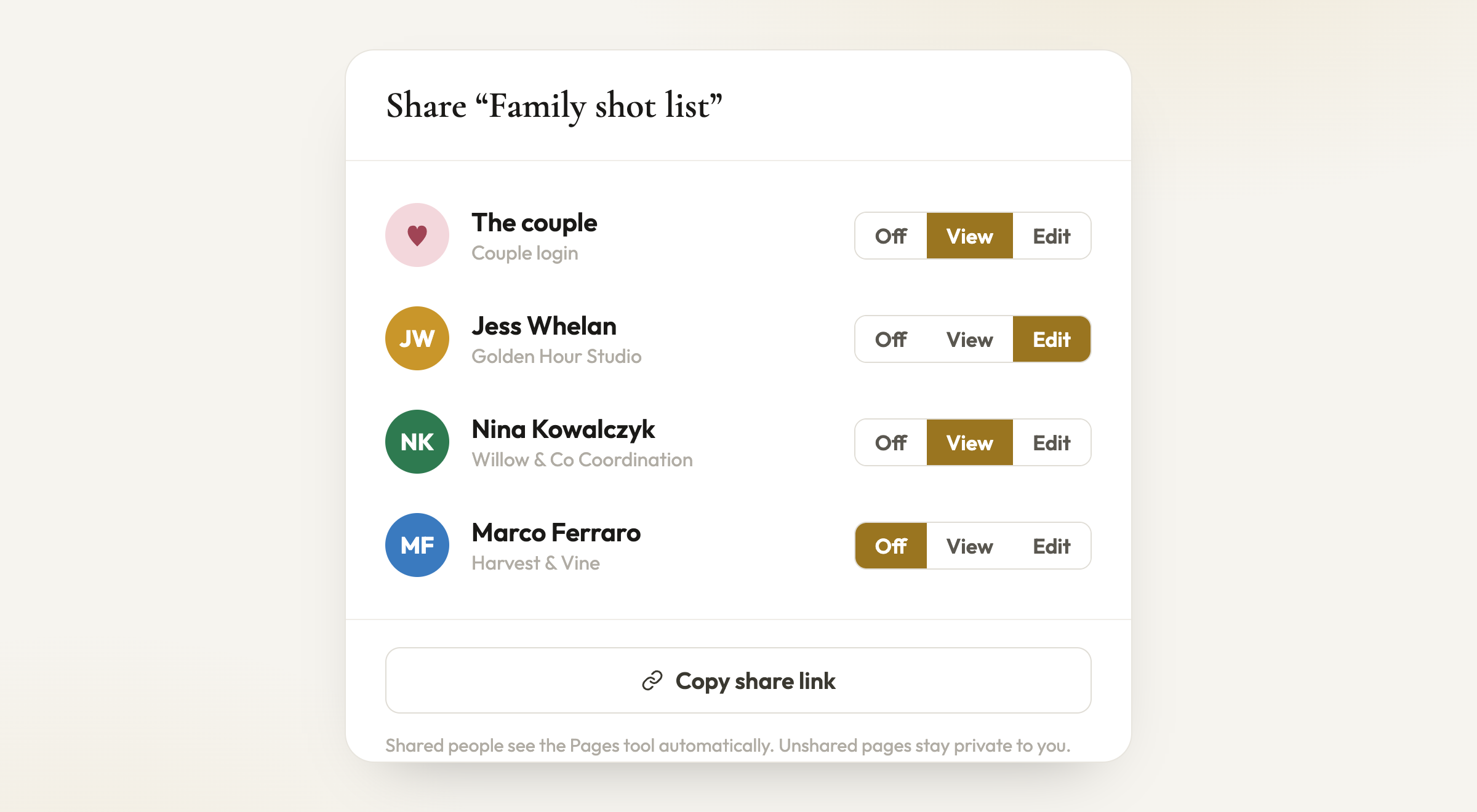 Share each page with exactly who needs it - view or edit, per person