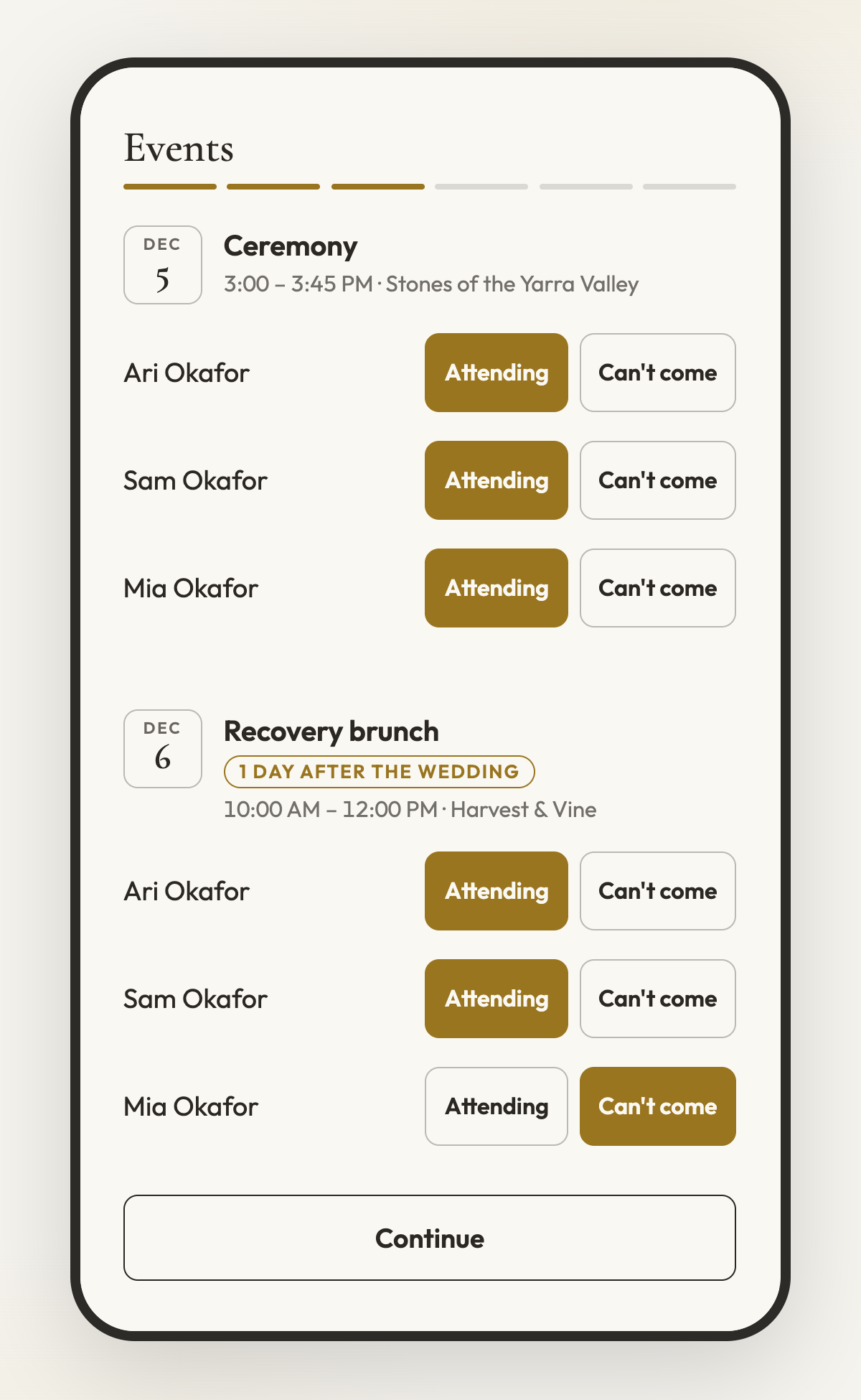 Guests answer per person and per event - dietary needs follow where food is served