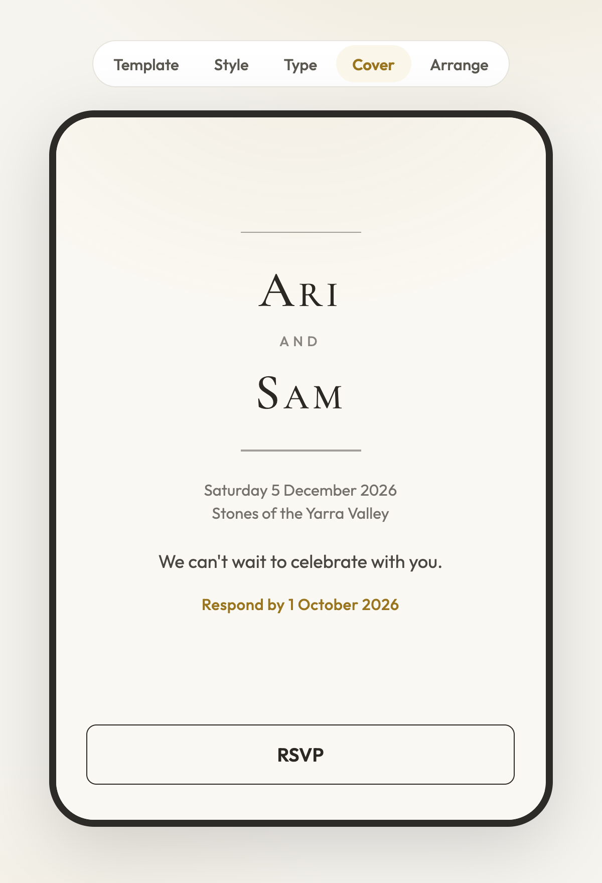 Pick a house template, set the colours and type, and see the cover as your guests will