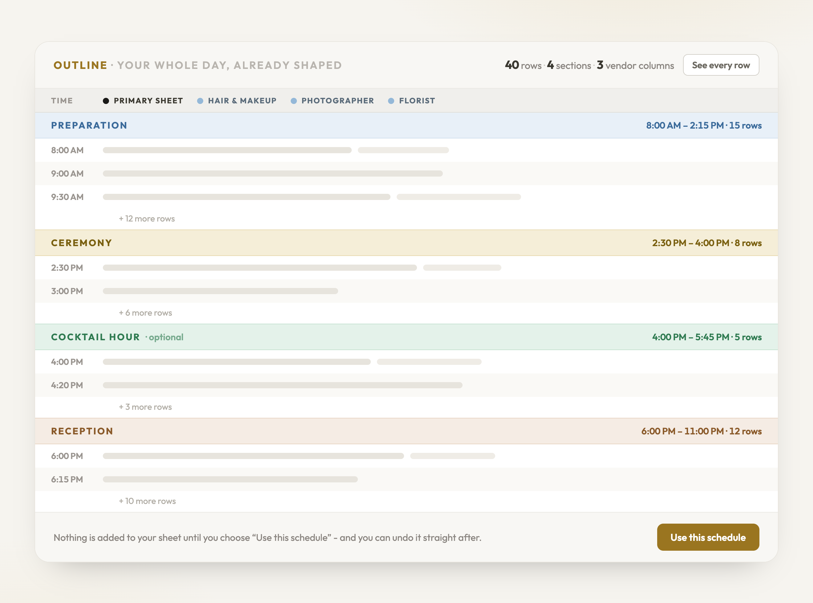 A generated wedding run sheet in PlannedBy, with a Primary Sheet column and vendor columns filled with suggested rows