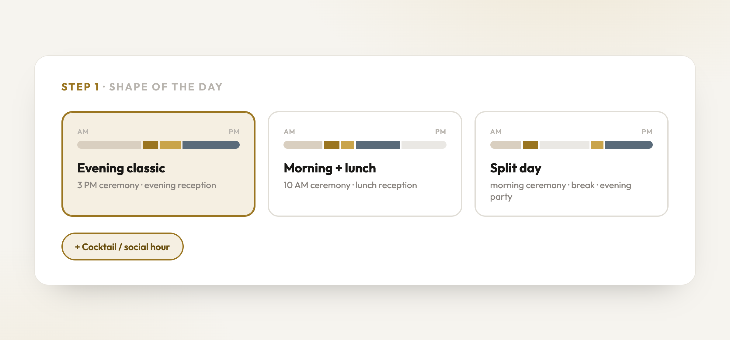 Choosing the Shape of the day: Evening classic, Morning + lunch, or Split day