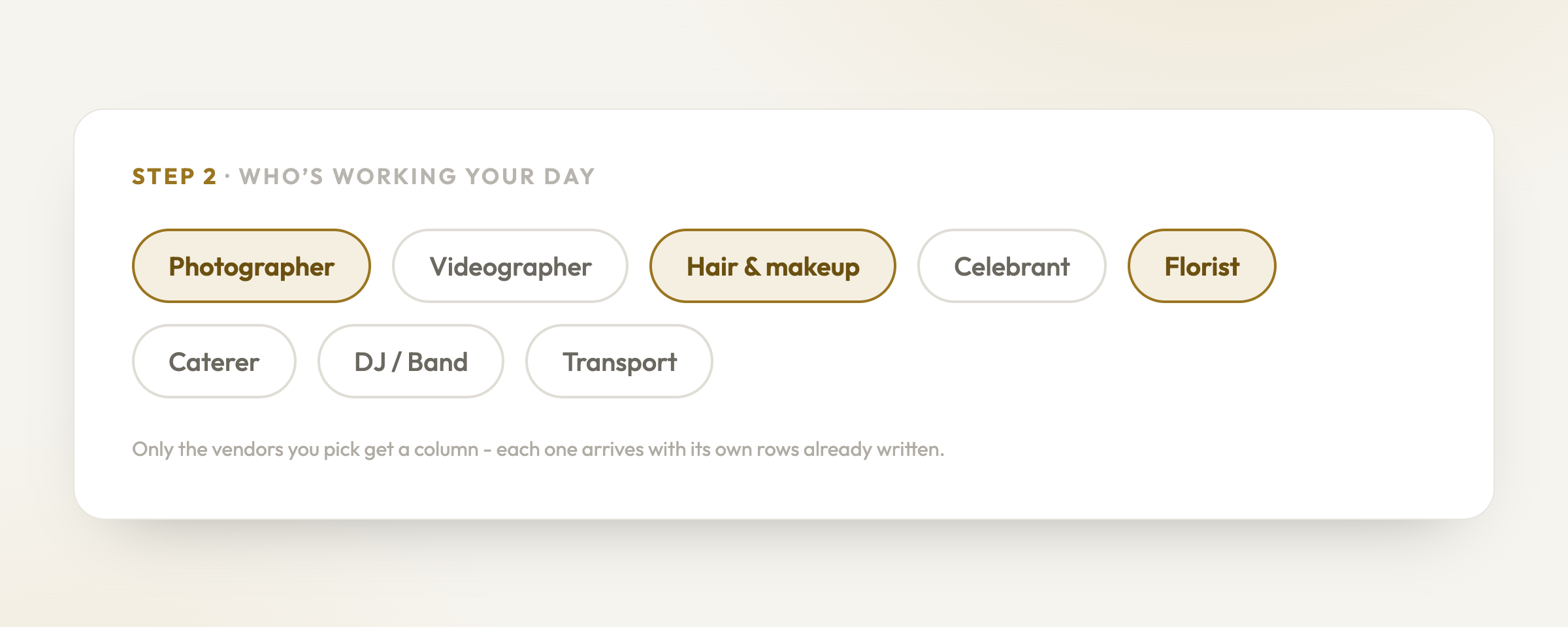 Choosing who's working your day: Photographer, Videographer, Hair and makeup, Celebrant, Florist, Caterer, DJ or Band, Transport