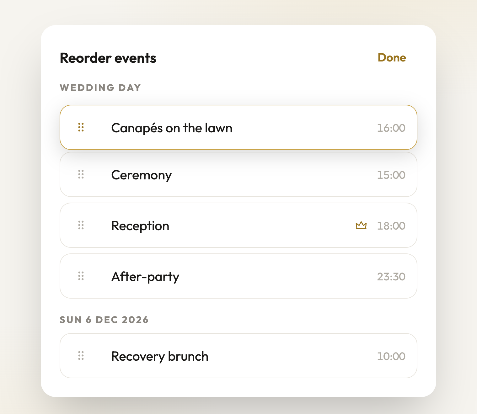 Drag events into the order you want - guests always see them by time