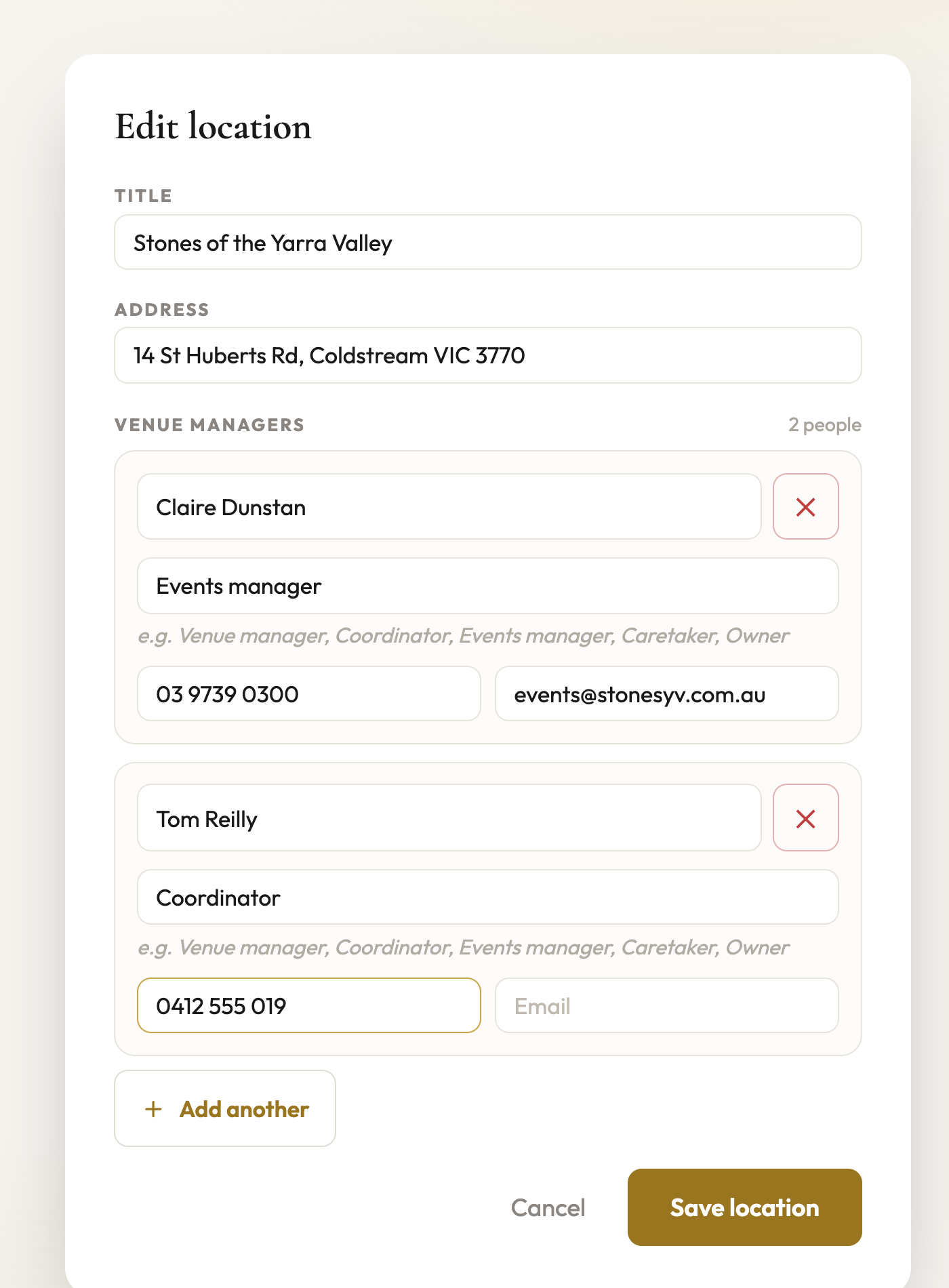 Add the venue managers - name, role, phone, email - per location