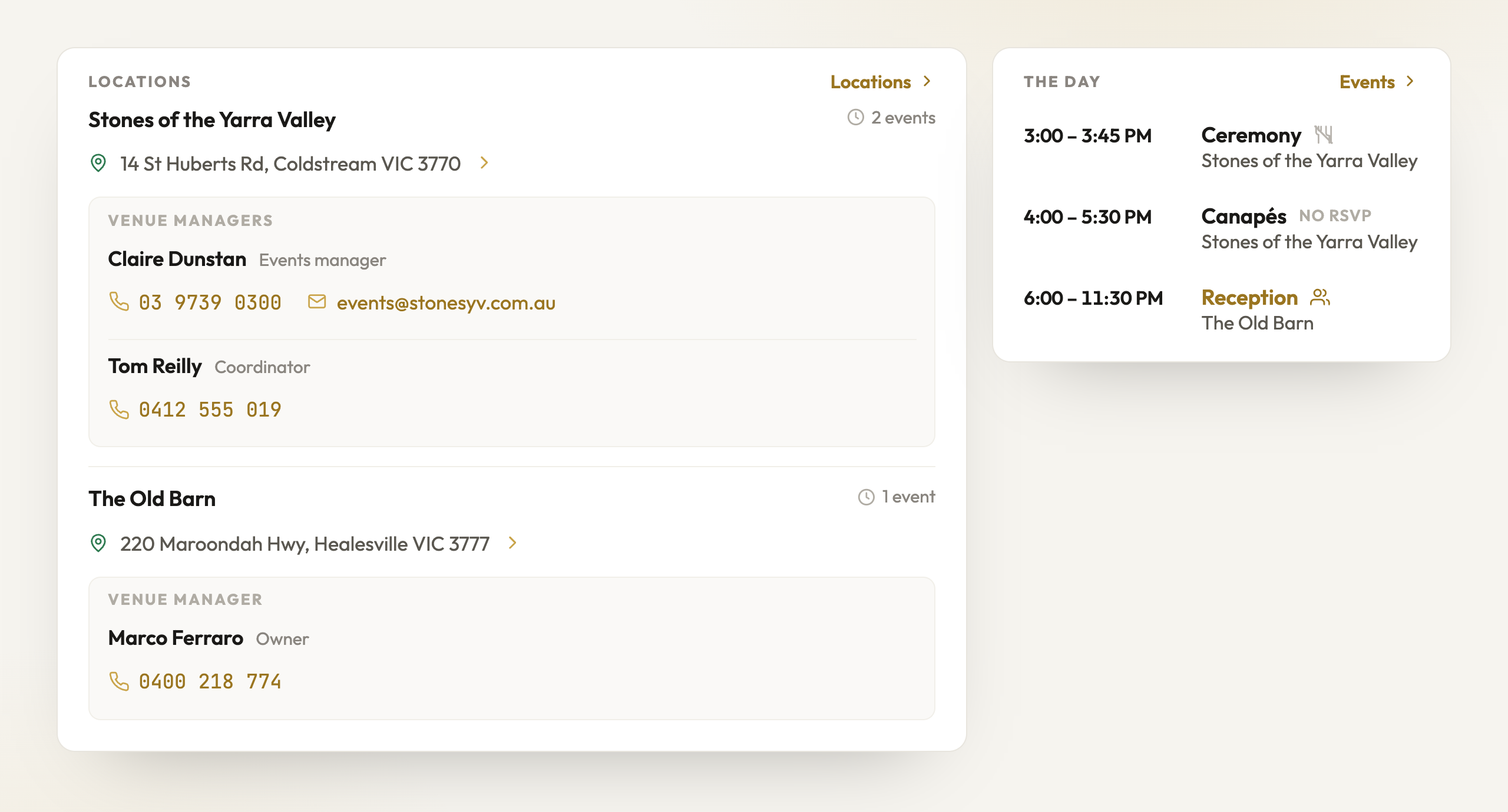 The Venue overview builds itself from your locations and events